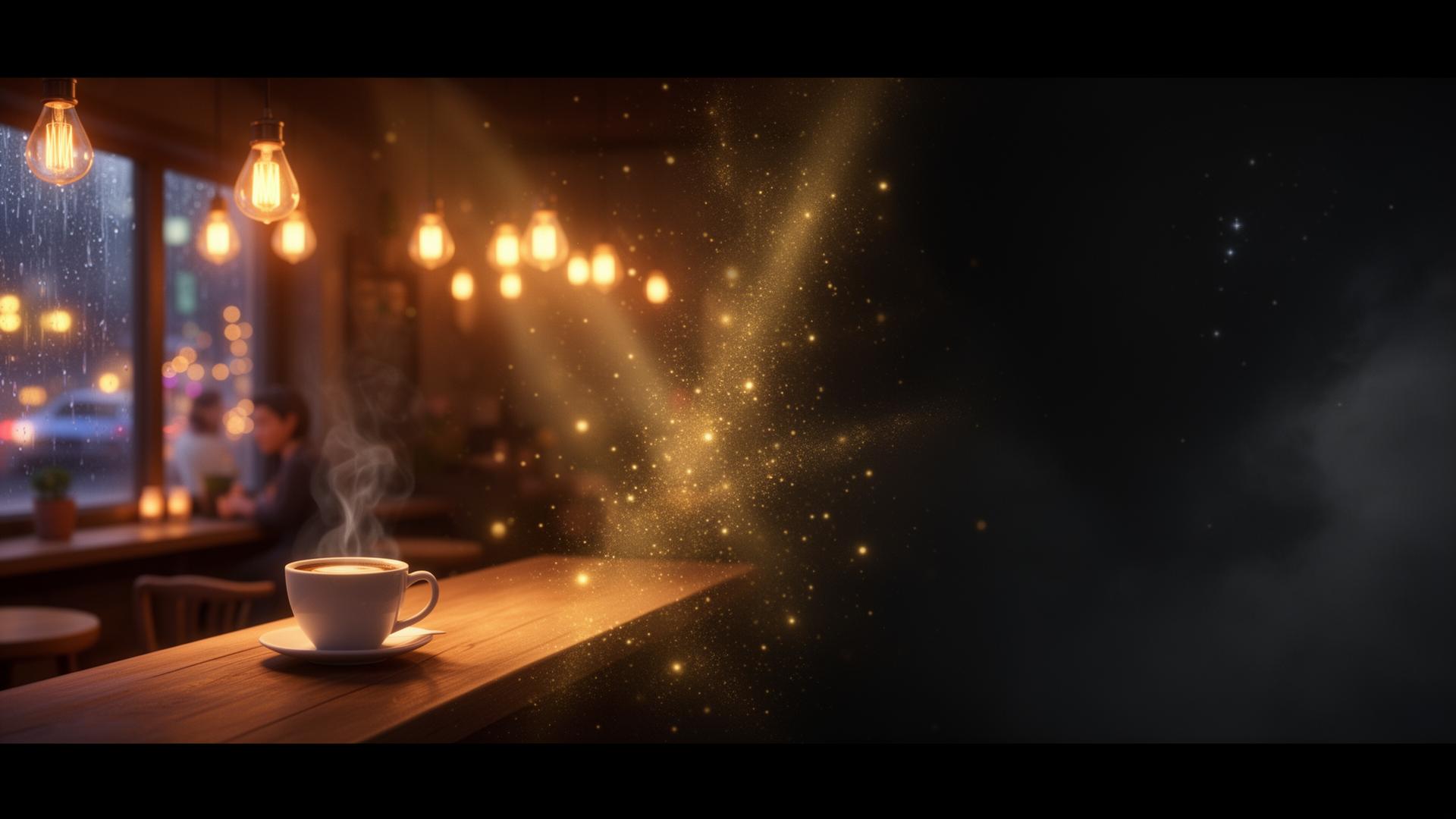 Warm café evening dissolving into golden particles and distant magical light